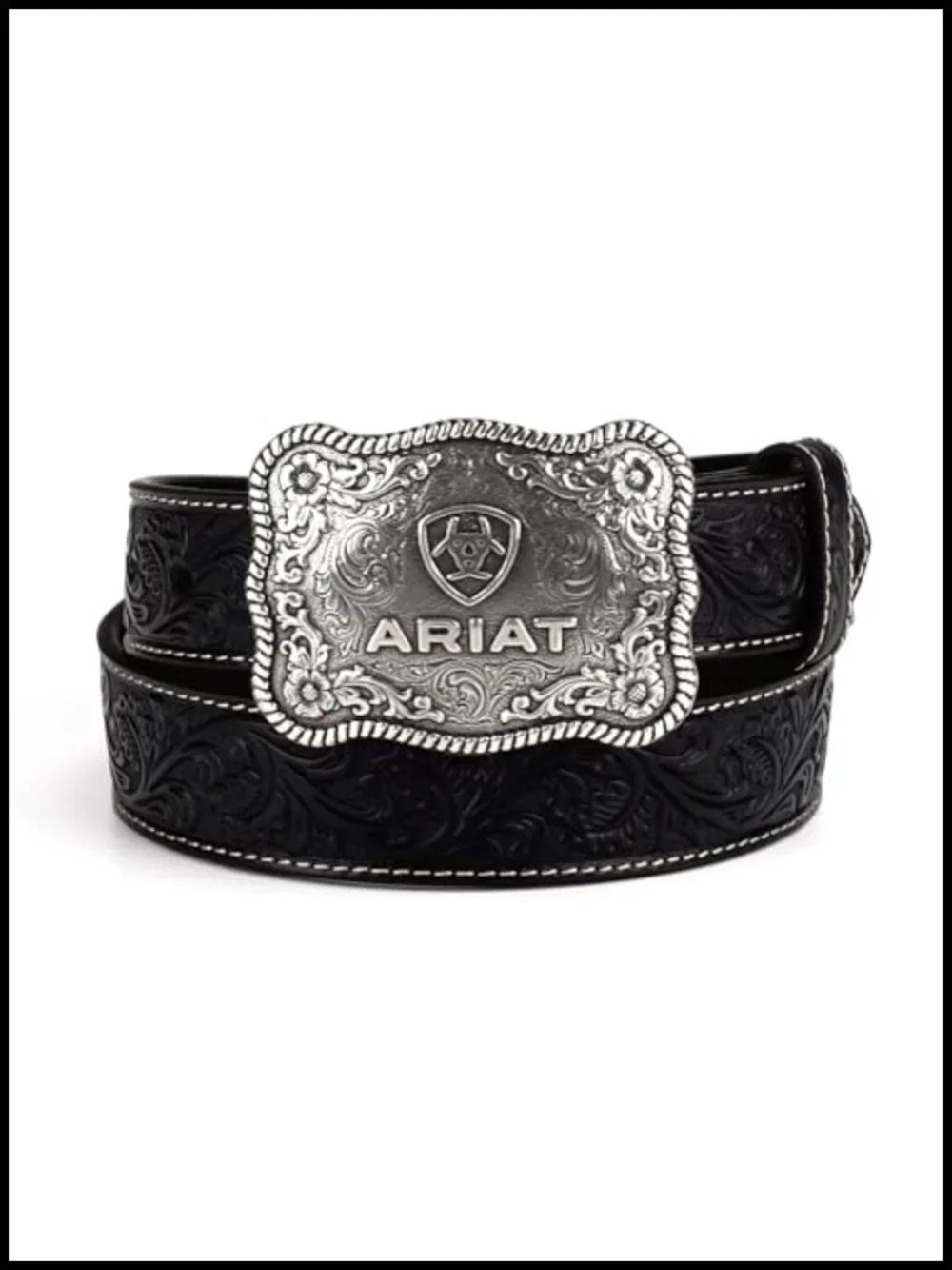 Floral Embossed Leather Men's Belt with Antiqued Silver Buckle